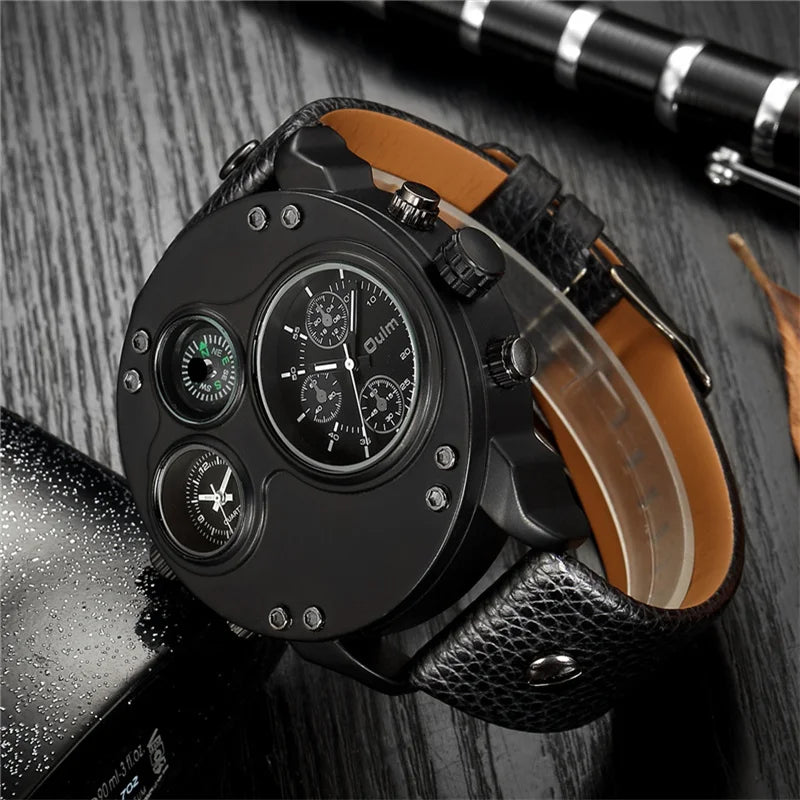 Luxury Sport Wrist Watch with Multiple Time Zones & Genuine Leather Band