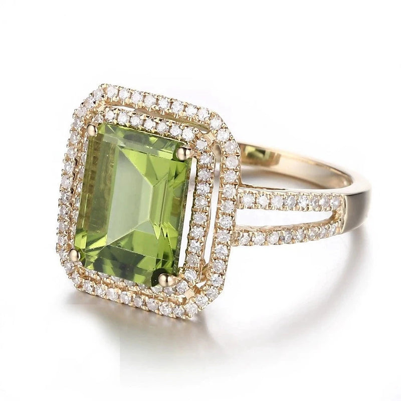 14K Yellow Gold Peridot Ring with Diamonds for Women