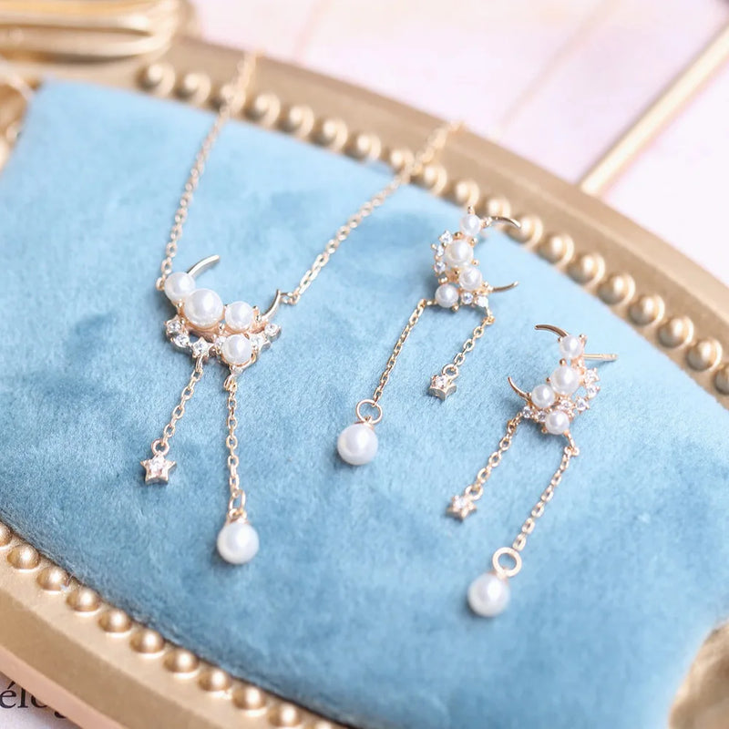 Sterling Silver Shell Pearl Zircon Moon Star Tassel Earrings for Women