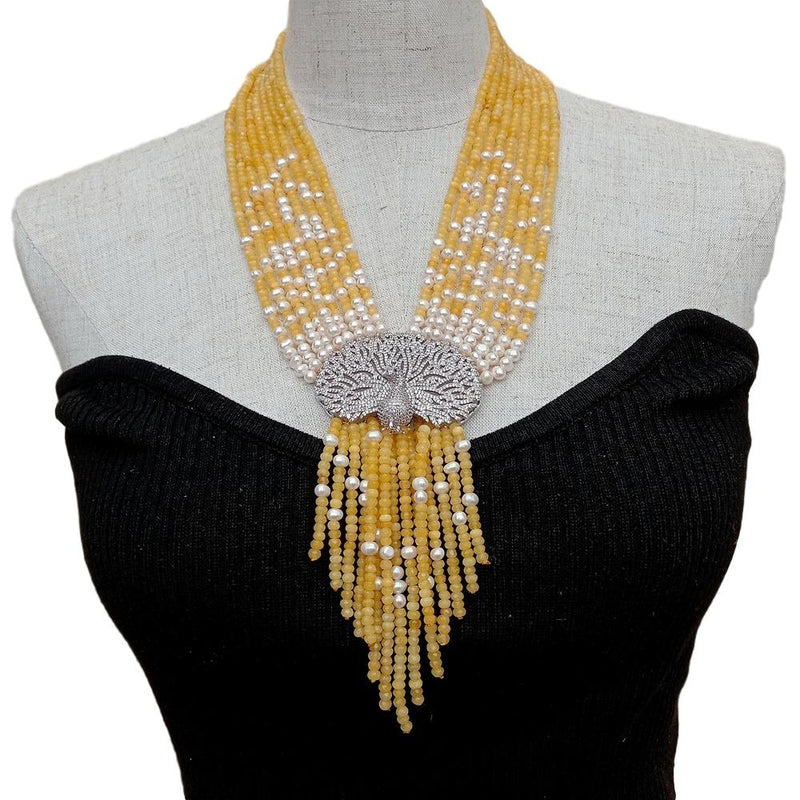 Silver 9 Strands Yellow Jade & White Freshwater Pearl Peacock Pendant Necklace for Women