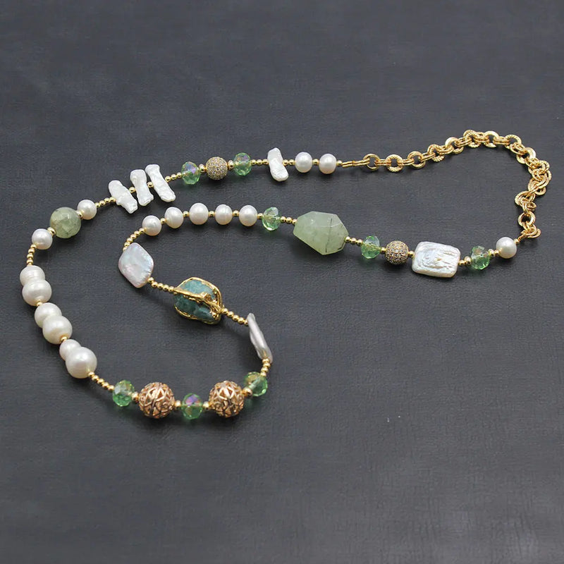 Gold Plated Natural White Pearl & Green Amazonite Crystal Long Necklace for Women