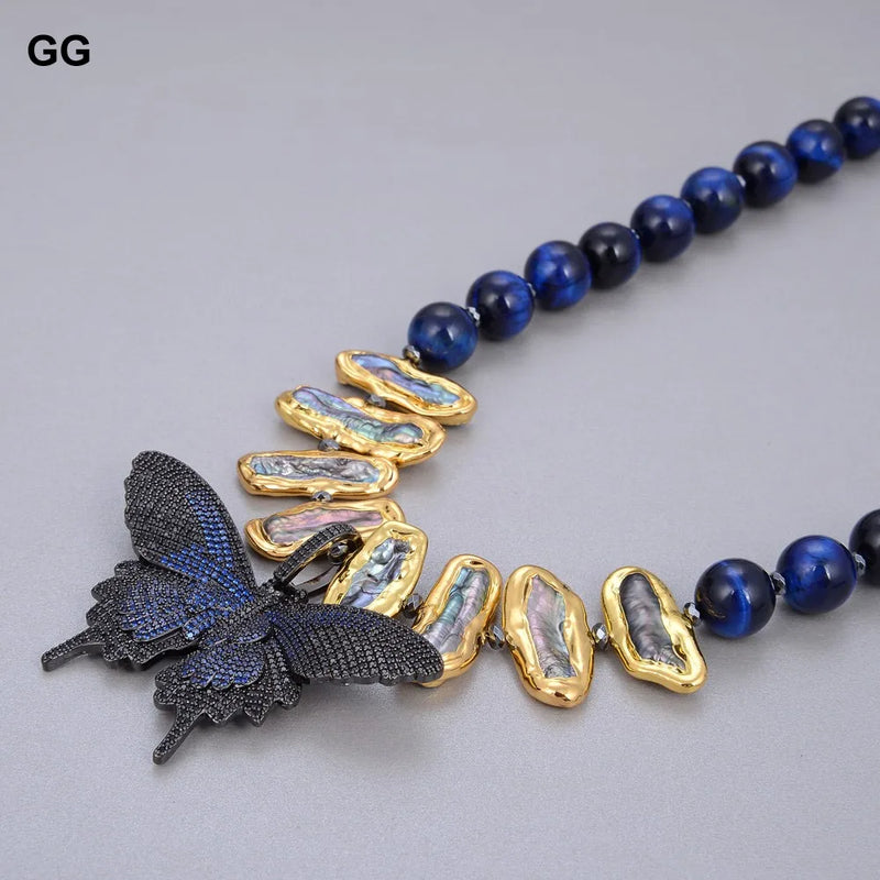 Gold Natural Blue Tiger Eye, Black Biwa Pearl & CZ Butterfly Pendant Necklace for Women