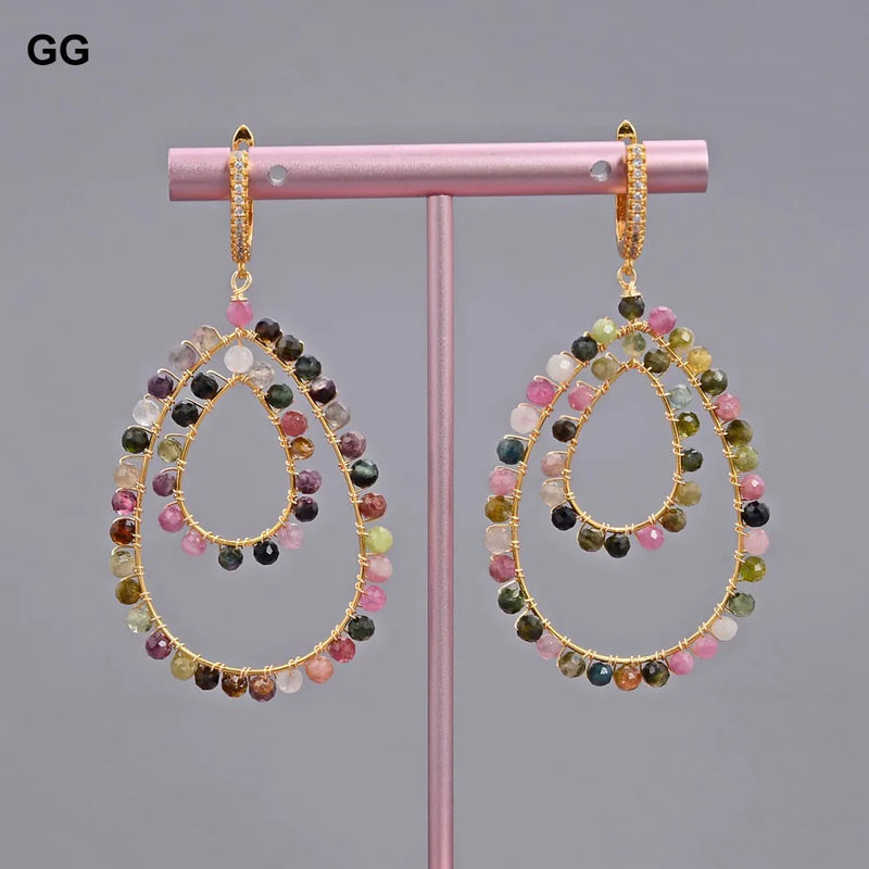 Sterling Silver Natural Teardrop Multi Color Tourmaline CZ Pave Lever Back Dangle Earrings for Women