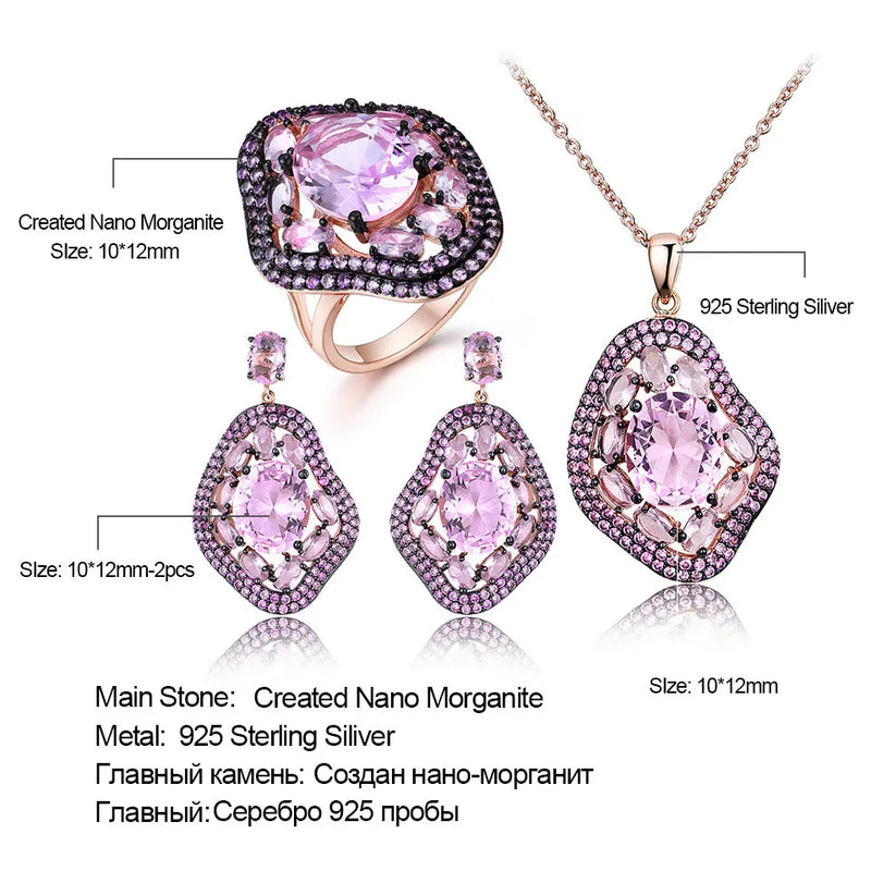 925 Sterling Silver Oval Nano Pink Moganite Pendant Necklace Earrings Set for Women