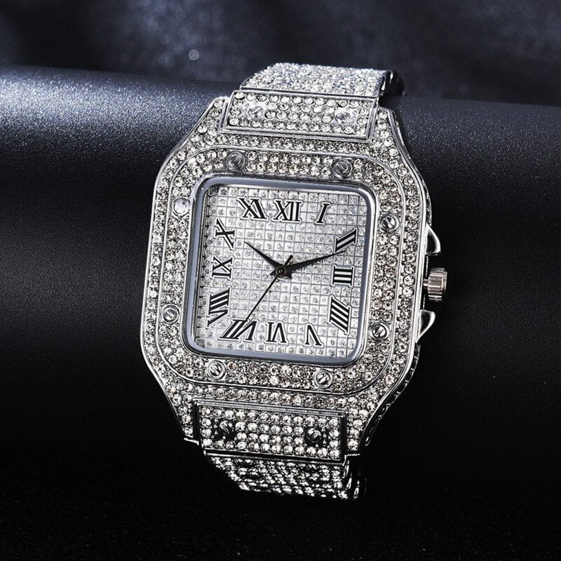 Luxury Gold Iced Out Rhinestone Square Quartz Watch for Unisex