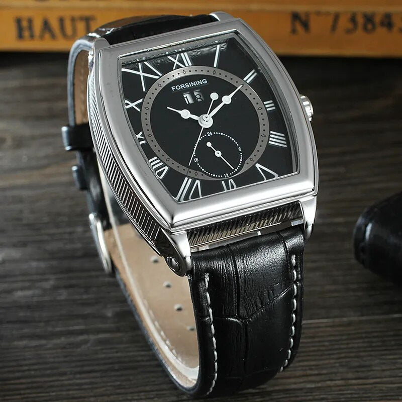 Stainless Steel Leather Square Automatic Mechanical Watch for Men