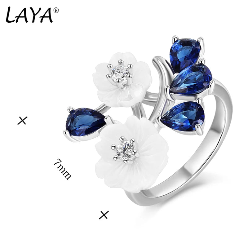 925 Sterling Silver Blue Zircon Shell Flower Ring for Women