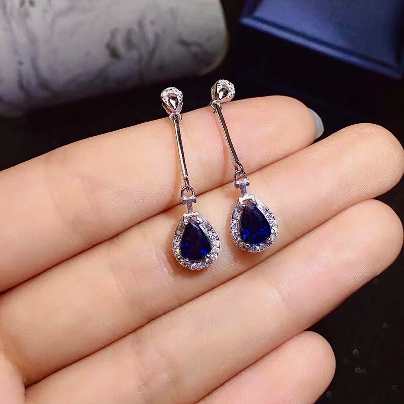 925 Sterling Silver Natural Sapphire Drop Earrings.