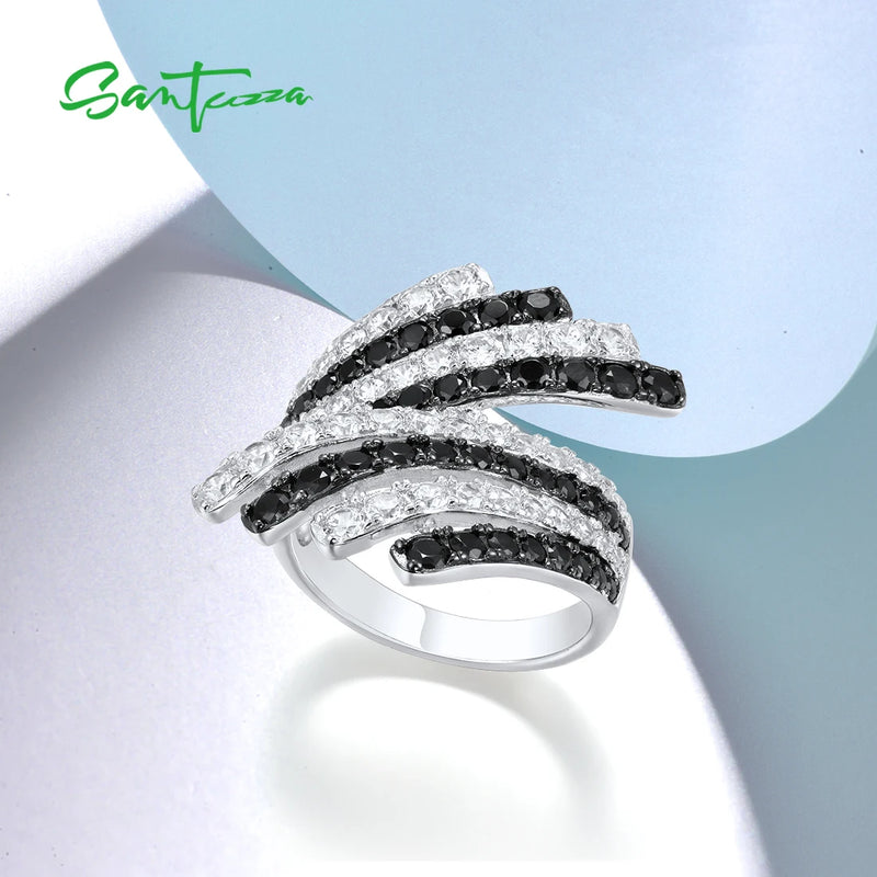 925 Sterling Silver Black Spinel & CZ Feather Ring for Women