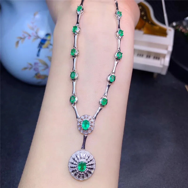 925 Sterling Silver Natural Emerald Pendant Necklace for Women