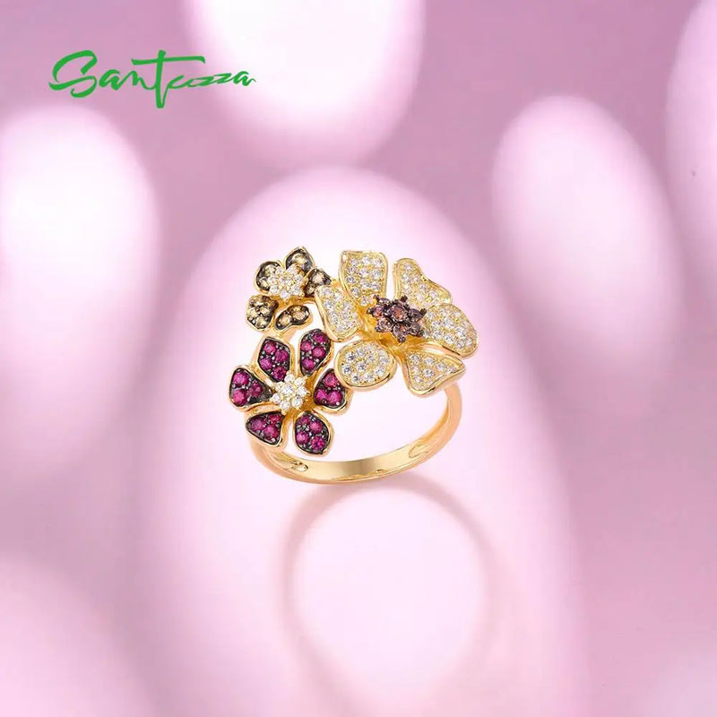 925 Sterling Silver Flower Ring with Created Ruby and CZ for Women