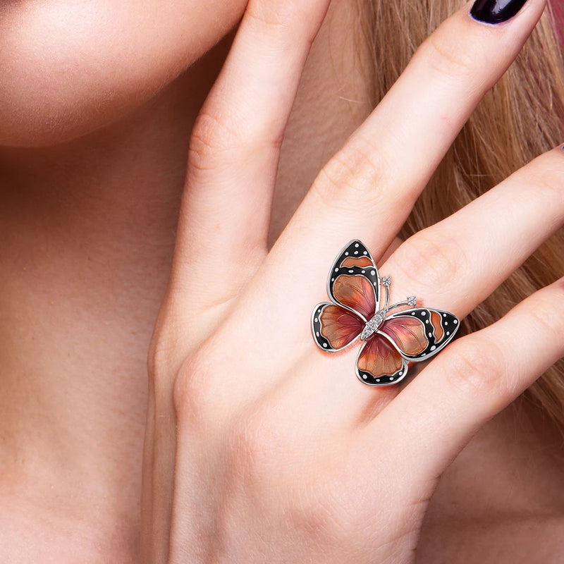 Sterling Silver White CZ Coral Enamel Butterfly Ring For Women