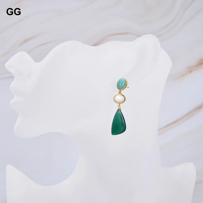 Gold plated geometric Amazonite and shell stud earrings. for her