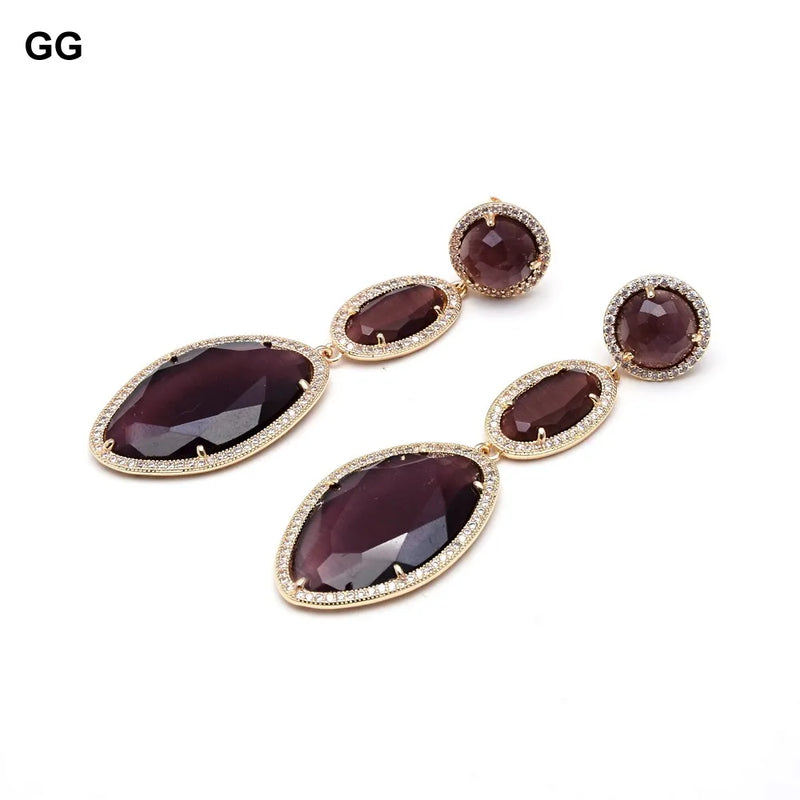 Gold Plated Natural Purple Cat Eye CZ Pave Stud Earrings for Women