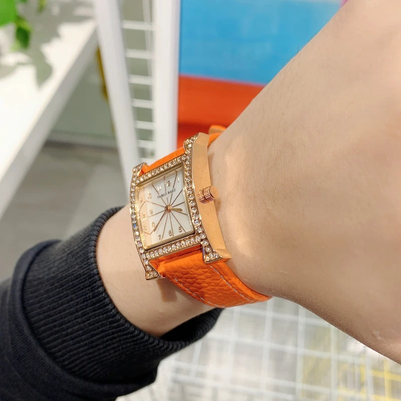 Luxury Diamond Women's Wristwatch with Leather Band and Orange Jewelry Details