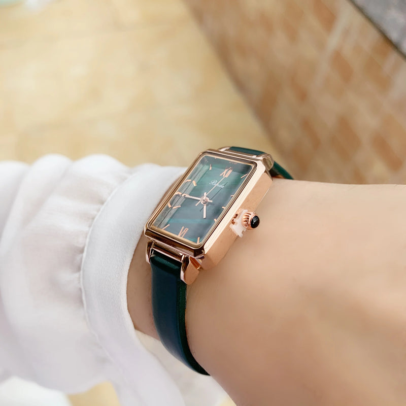 Slim, Green Rectangle Luxury Watch for Women: Quartz Movement, Waterproof, Leather Strap.