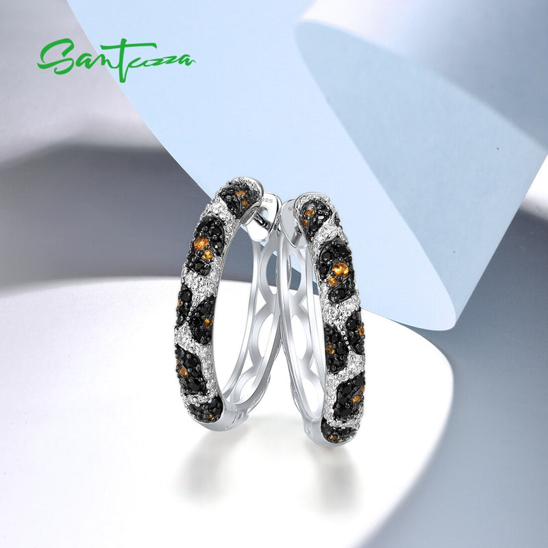 925 Sterling Silver Black Spinel and Cubic Zirconia Hoop Earrings for Women