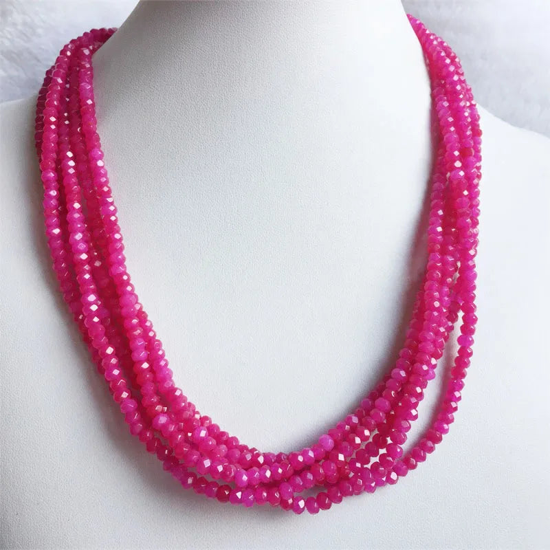 Sterling Silver Faceted Plum Rose Red Ruby Jade Beads Choker Necklace for Women