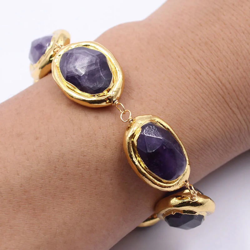 Gold Plated Purple Amethyst Oval Egg Bracelet for Women