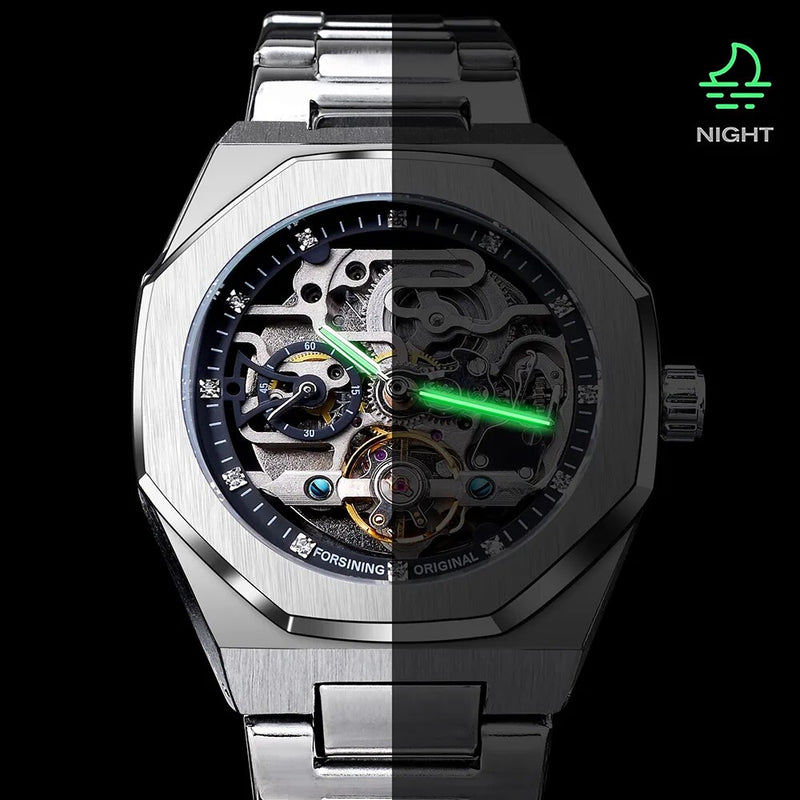 Stainless Steel 3D Diamond Casual Automatic Skeleton Watch with Luminous Markers for Men