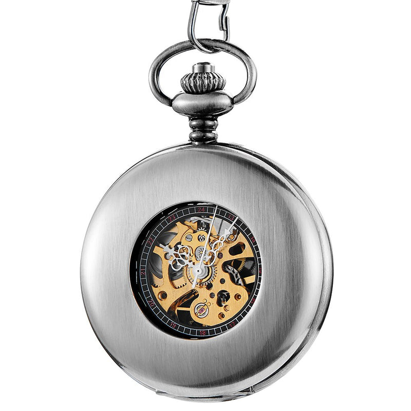 Silver Pocket Watch with Black Enamel Roman Numerals Dial for Men