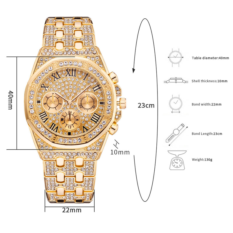 Gold Iced Out Quartz Wristwatch for Men