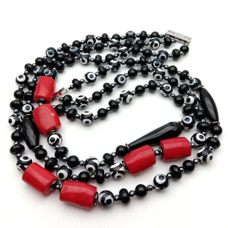 Sterling Silver 3 Strands Black Dzi Agate, Red Coral Choker Necklace for Women