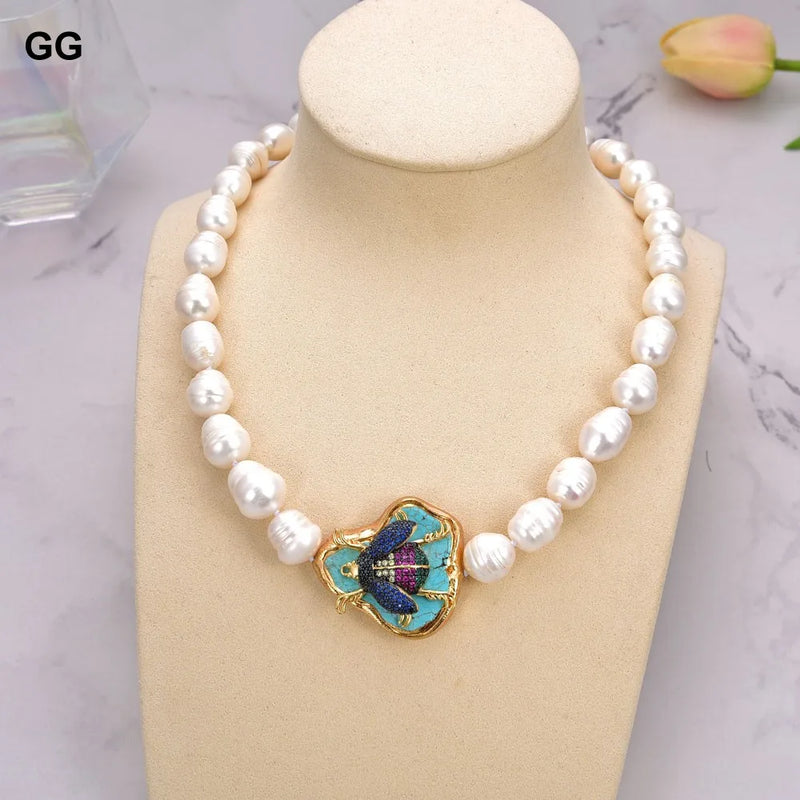 Sterling Silver Cultured White Pearl & Blue Turquoise Insect CZ Pave Choker Necklace for Women