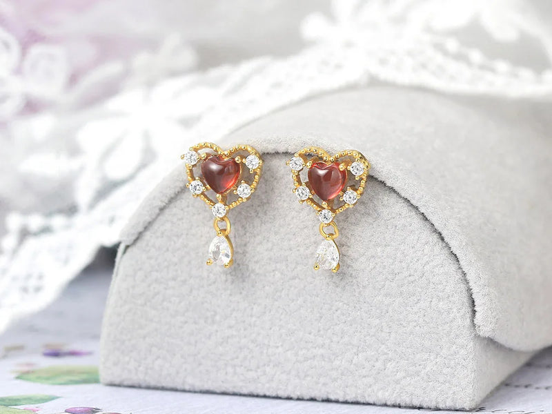 Sterling Silver 925 Natural Garnet Heart Studs for Women