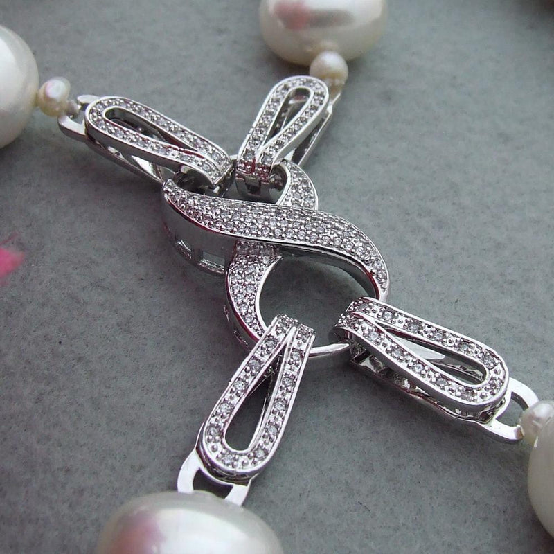 White Sea Shell Pearl Choker Necklace with CZ Pave Clasp for Women