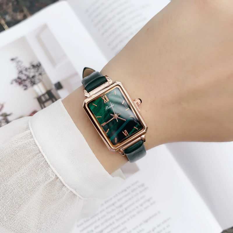 Slim, Green Rectangle Luxury Watch for Women: Quartz Movement, Waterproof, Leather Strap.