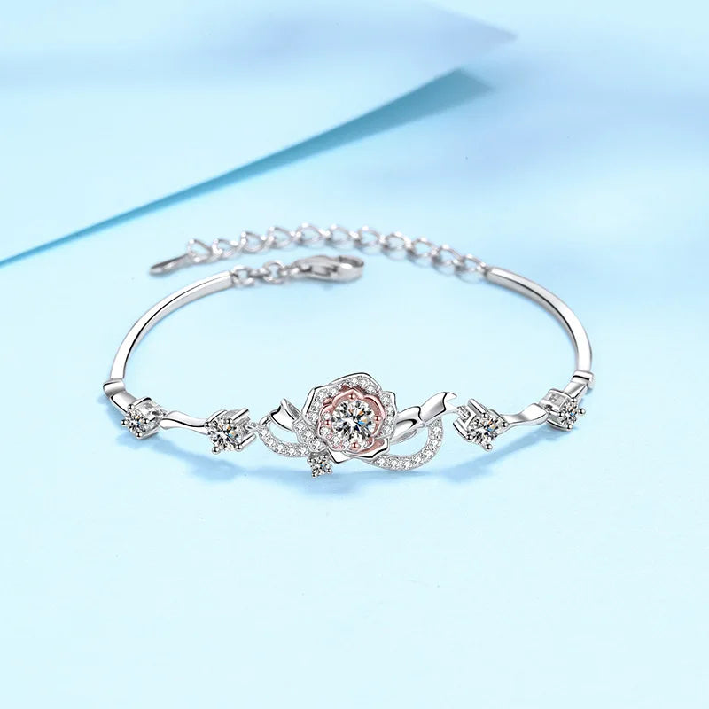 S925 Silver Rose Flower Moissanite Bracelet for Women