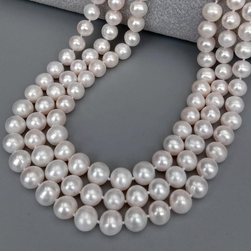 Y.YING 3 strands Natural  Real Cultured White Potato Shape Pearl 10-11mm Necklace 925 Silver Clasp