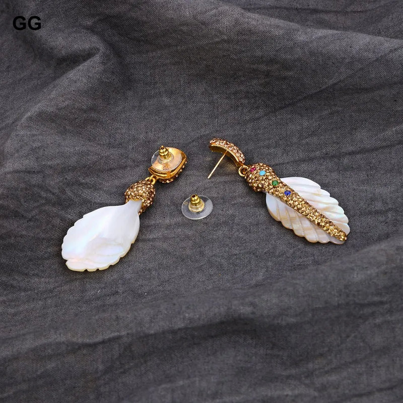 Yellow Gold Plated White Shell Feather CZ Paved Dangle Stud Earrings for Women