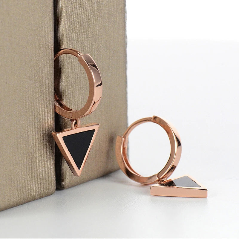 18K Rose Gold Black Agate Triangle Earrings for Women