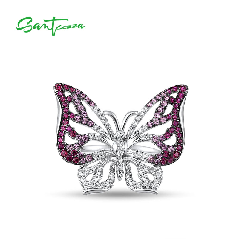 925 Sterling Silver Sparkling Red Stones and White CZ Butterfly Ring For Women