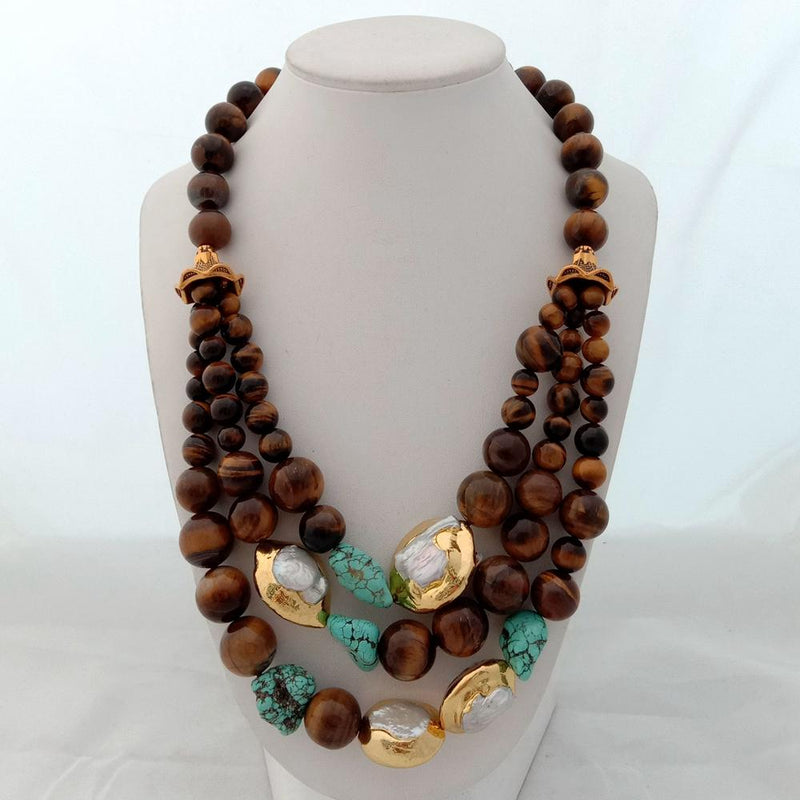 Sterling Silver Natural White Keshi Pearls, Yellow Tiger's Eye & Turquoise Nugget Statement Necklace for Women