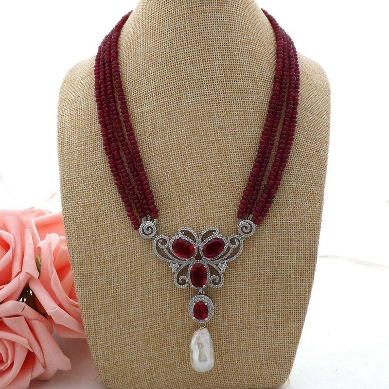 Sterling Silver 4mm Faceted Red Jade & White Keshi Pearl Pendant for Women