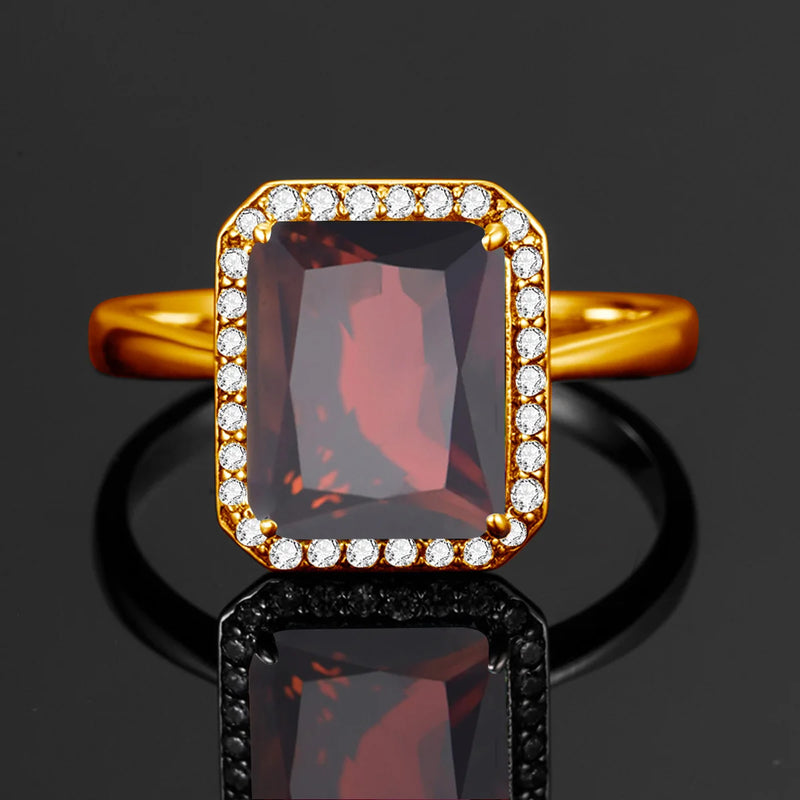 Silver Gold-Plated Garnet Rectangle Ring for Women