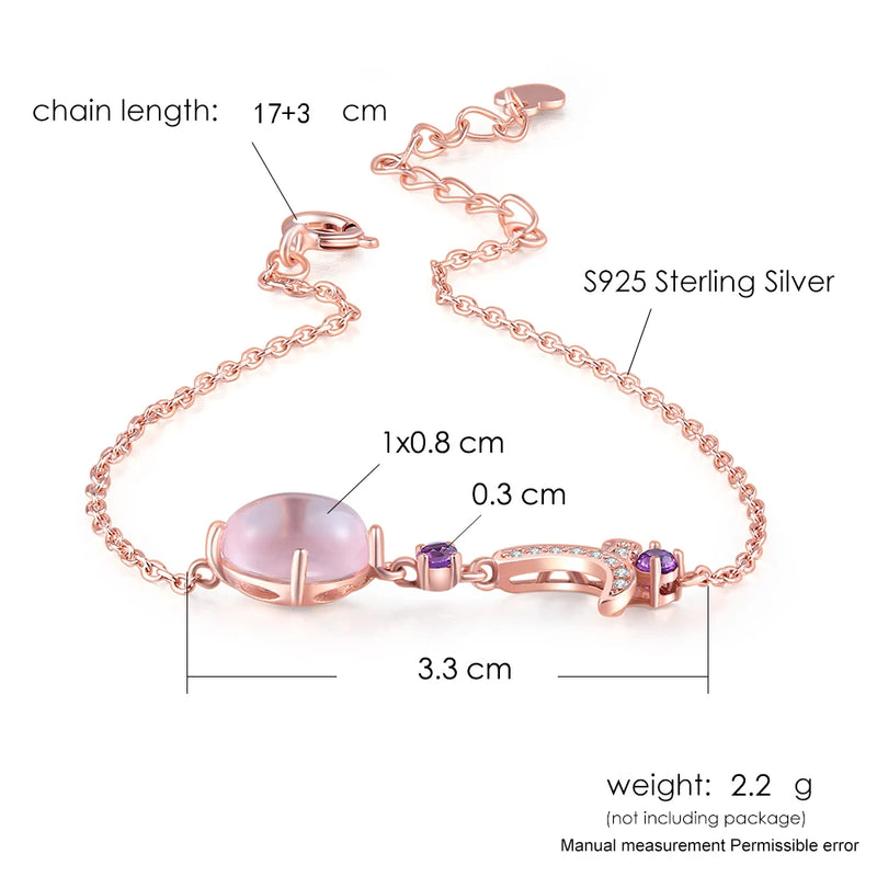 Sterling Silver Oval Pink Rose Quartz Bracelet for Women