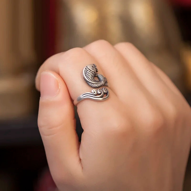 Solid Silver Retro Open Fish Ring for Women