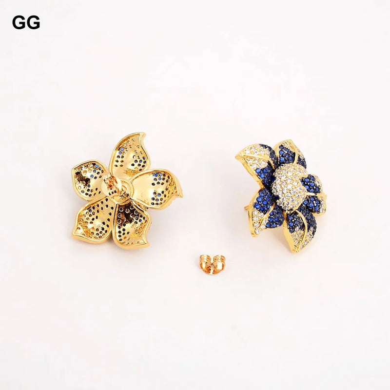 Yellow Gold Plated White Pearl Blue CZ Flower Earrings for Women