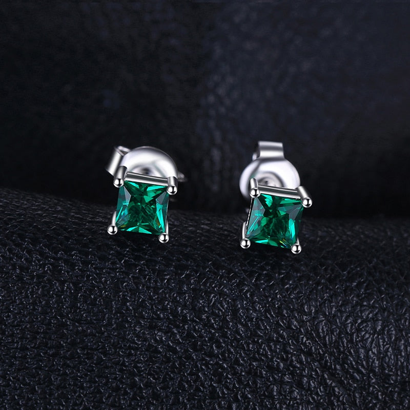 Sterling Silver Simulated Nano Green Emerald Stud Earrings for Women.