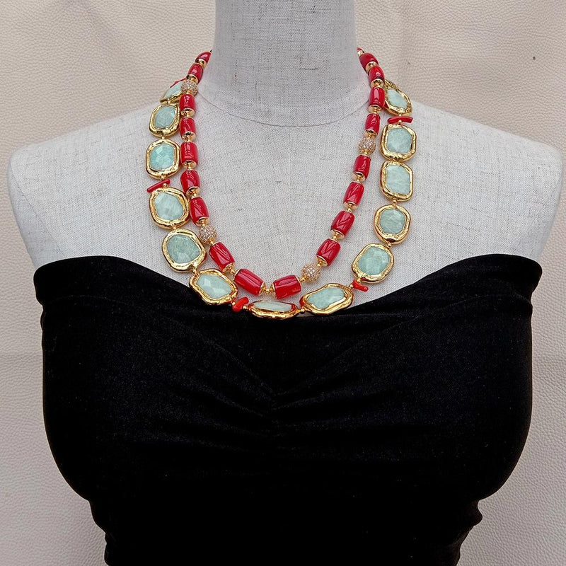Sterling Silver Red Coral and Green Amazonite Cubic Zirconia Pave Necklace for Women