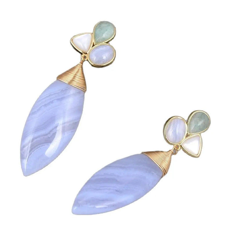 Sterling Silver Natural Blue Chalcedony, Green Amazonite & Shell Dangle Earrings for Women