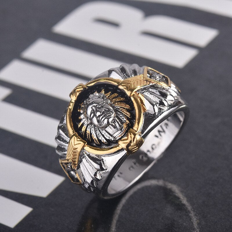 Black Enamel Indian Chief Carving Hip Hop Rings for Men