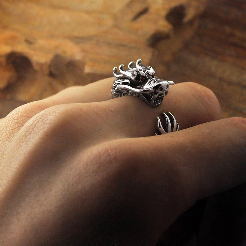 Sterling Silver Retro Dragon Adjustable Ring for Women