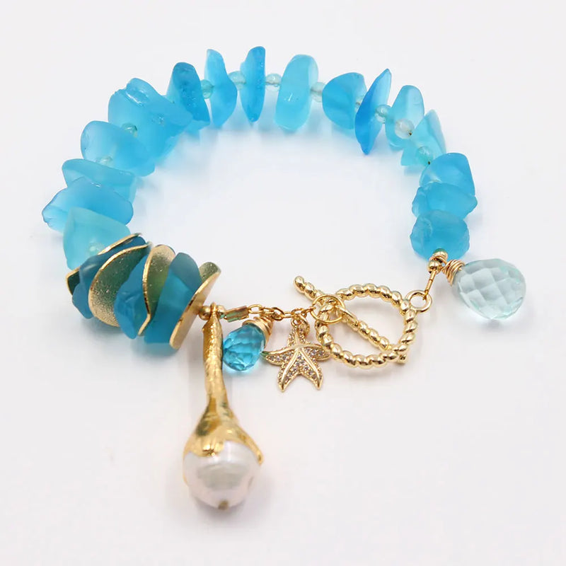 Gold Plated Blue Glass Quartz Keshi Pearl Bracelet with CZ Starfish Charms for Women