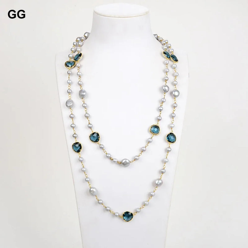 Gold Plated Round Pearl Blue Crystal Chain Necklace for Women