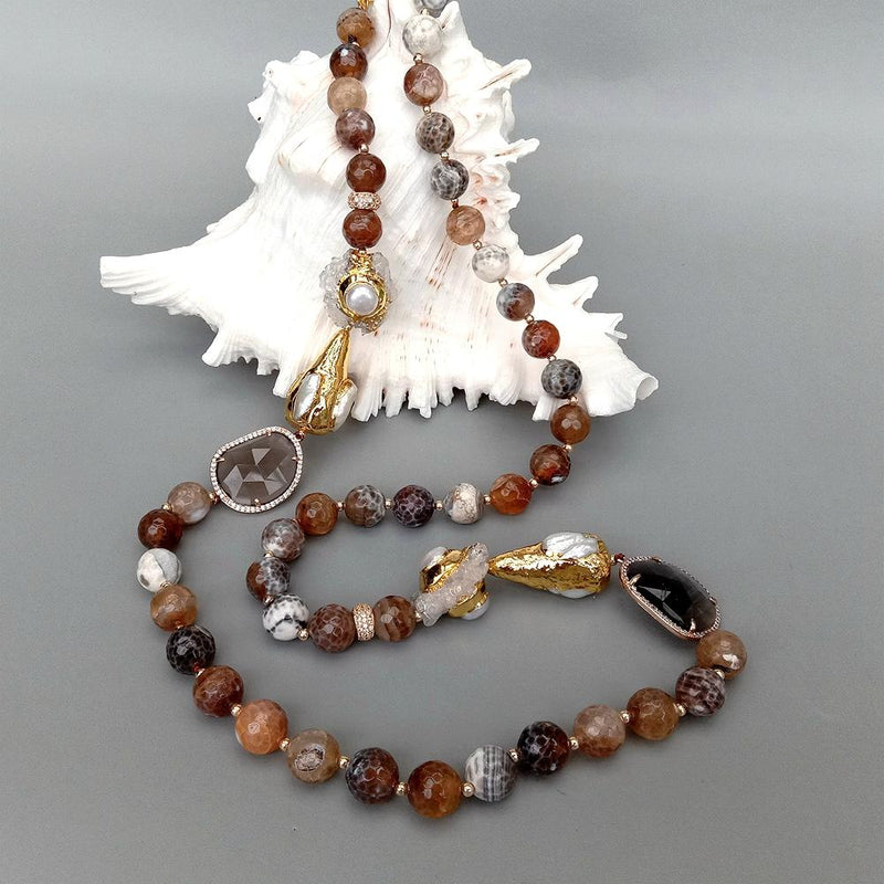 Y.YING Brown Round Faceted Agate White Quartz Crystal Cultured Pearl Long Necklace 34\"